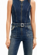 Salopetă denim slim fără mâneci cu curea