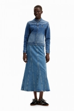 Fustă midi albastră din denim în clini