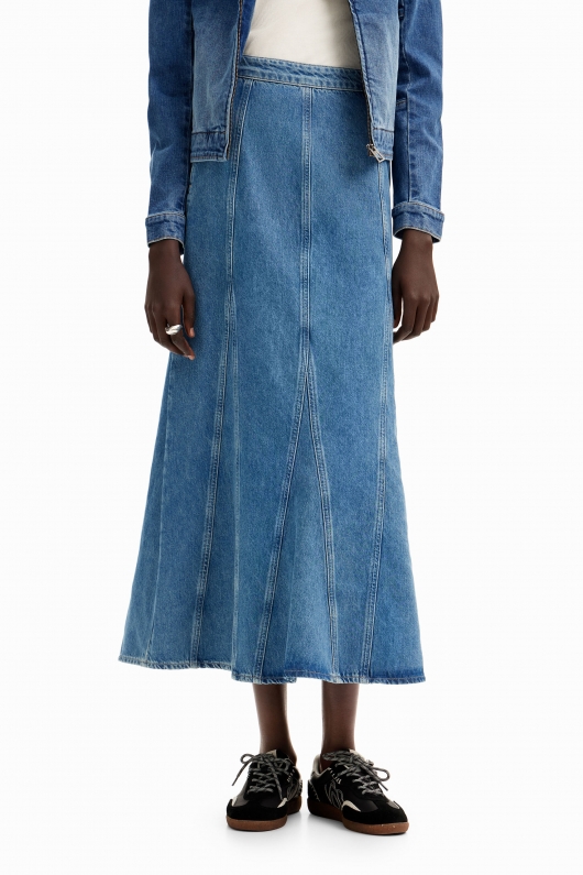 Fustă midi albastră din denim în clini