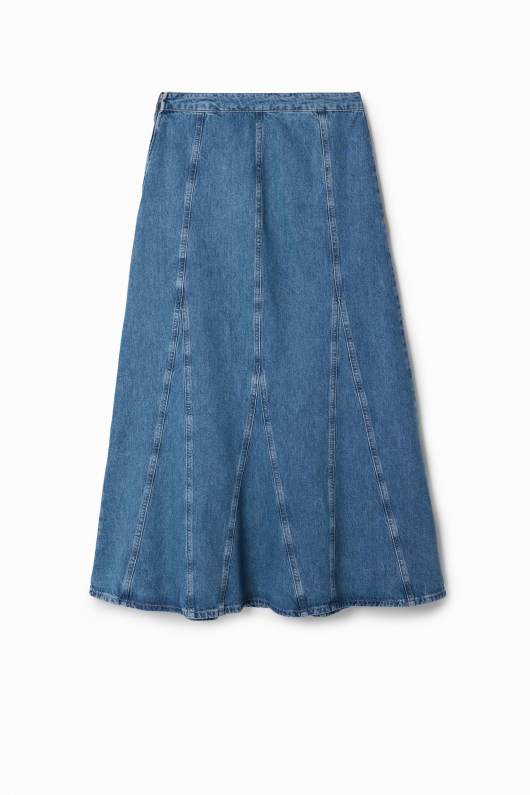 Fustă midi albastră din denim în clini