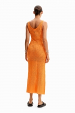 Rochie portocalie mulată din tricot perforat