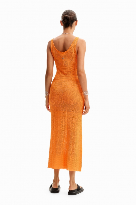 Rochie portocalie mulată din tricot perforat