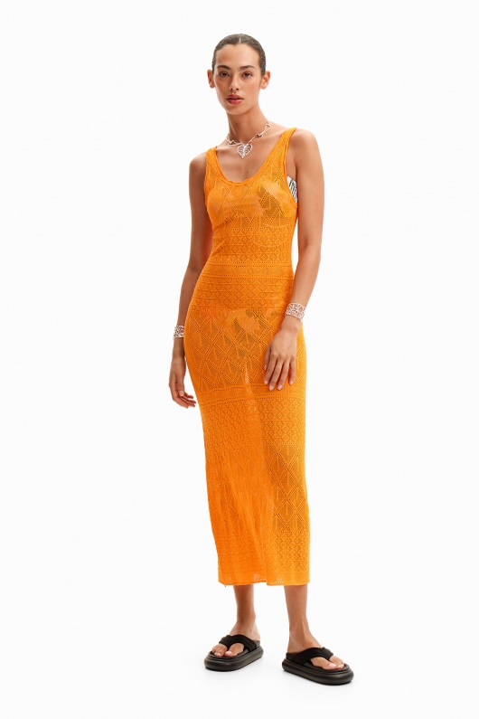 Rochie portocalie mulată din tricot perforat