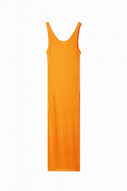 Rochie portocalie mulată din tricot perforat
