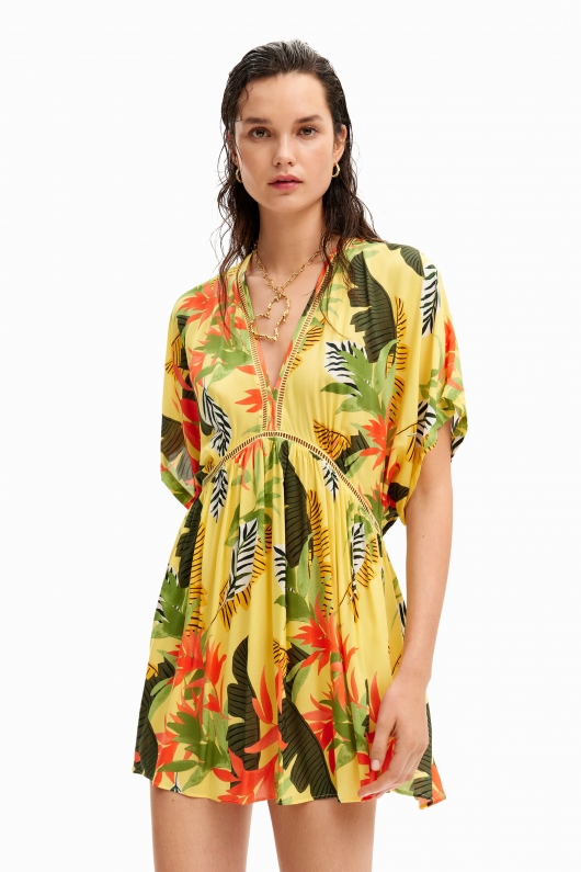 Rochie scurtă de plajă cu print tropical