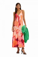 Rochie midi portocalie cu imprimeu floral satin
