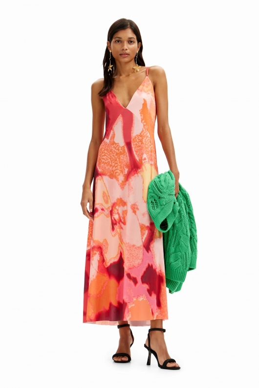 Rochie midi portocalie cu imprimeu floral satin