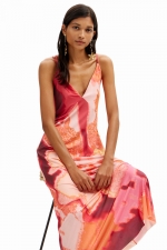Rochie midi portocalie cu imprimeu floral satin