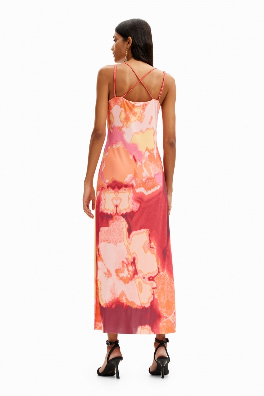 Rochie midi portocalie cu imprimeu floral satin