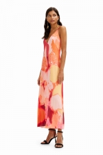 Rochie midi portocalie cu imprimeu floral satin