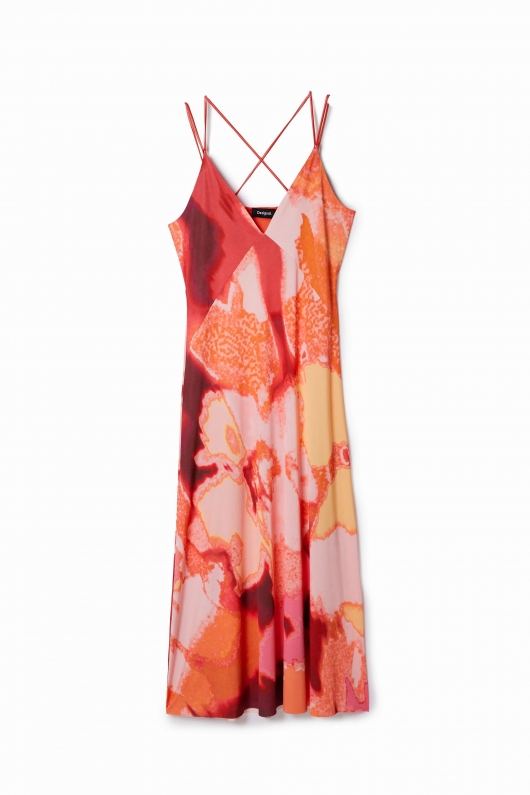 Rochie midi portocalie cu imprimeu floral satin