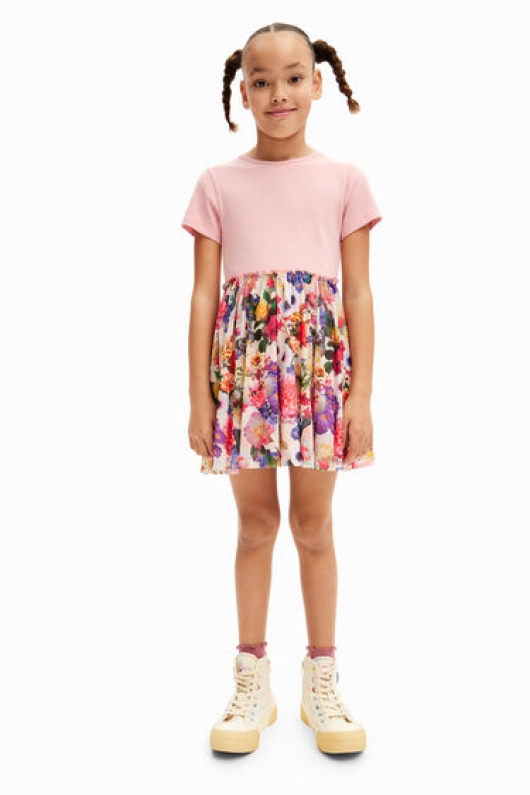 Rochie roz scurtă cu fustă tulle florală