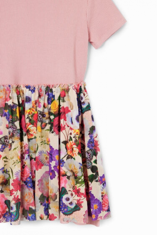 Rochie roz scurtă cu fustă tulle florală