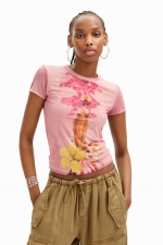Tricou roz scurt cu imprimeu floral