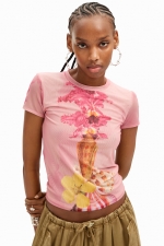 Tricou roz scurt cu imprimeu floral