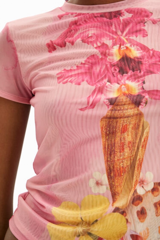 Tricou roz scurt cu imprimeu floral
