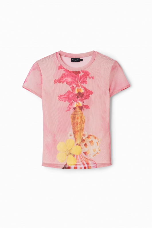 Tricou roz scurt cu imprimeu floral