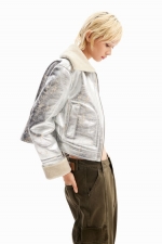 Jachetă aviator scurtă argintie cu fleece