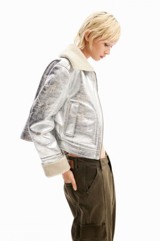 Jachetă aviator scurtă argintie cu fleece