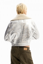 Jachetă aviator scurtă argintie cu fleece