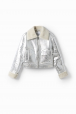 Jachetă aviator scurtă argintie cu fleece