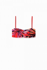 Top bikini bandeau multicolor cu imprimeu tropical