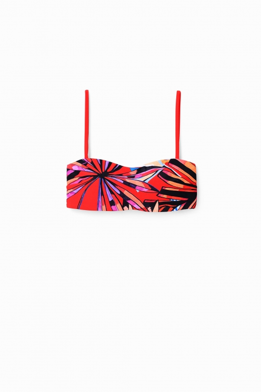 Top bikini bandeau multicolor cu imprimeu tropical