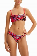 Top bikini bandeau multicolor cu imprimeu tropical