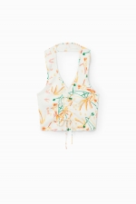 Top cropped alb cu imprimeu floral și spate gol
