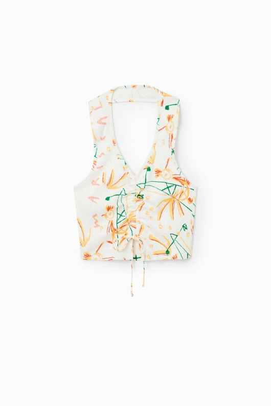 Top cropped alb cu imprimeu floral și spate gol
