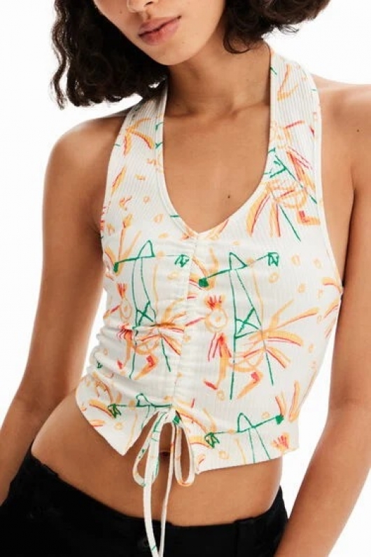 Top cropped alb cu imprimeu floral și spate gol