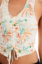 Top cropped alb cu imprimeu floral și spate gol