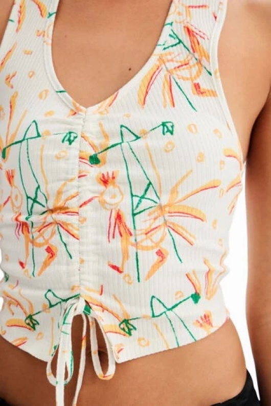 Top cropped alb cu imprimeu floral și spate gol