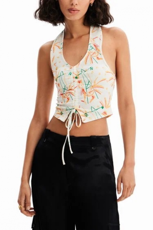 Top cropped alb cu imprimeu floral și spate gol