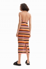 Rochie midi tricotată cu dungi multicolore