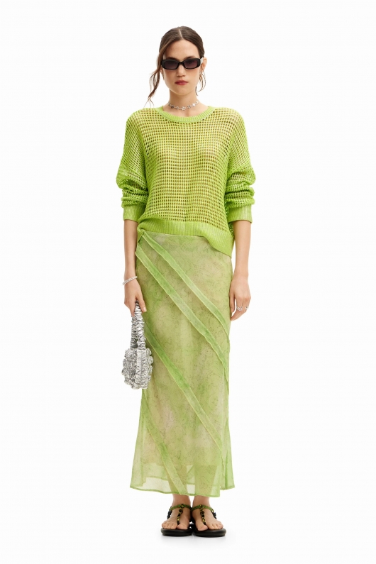 Fustă midi verde din dantelă cu detalii florale