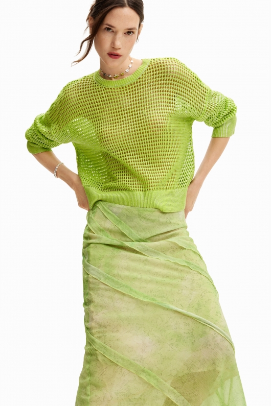 Fustă midi verde din dantelă cu detalii florale