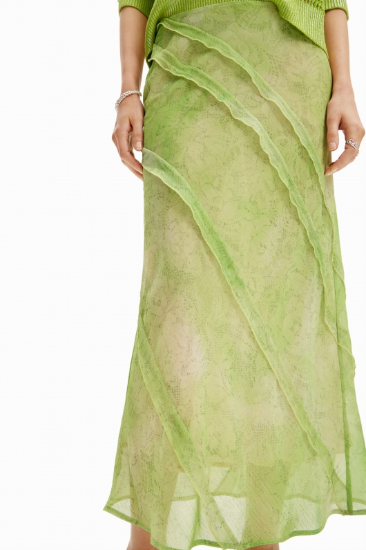 Fustă midi verde din dantelă cu detalii florale