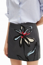 Fustă mini gri cu imprimeu floral artistic