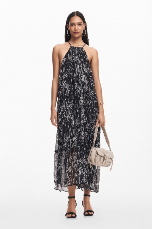 Rochie midi voal cu imprimeu floral alb-negru