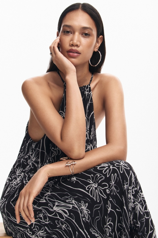 Rochie midi voal cu imprimeu floral alb-negru