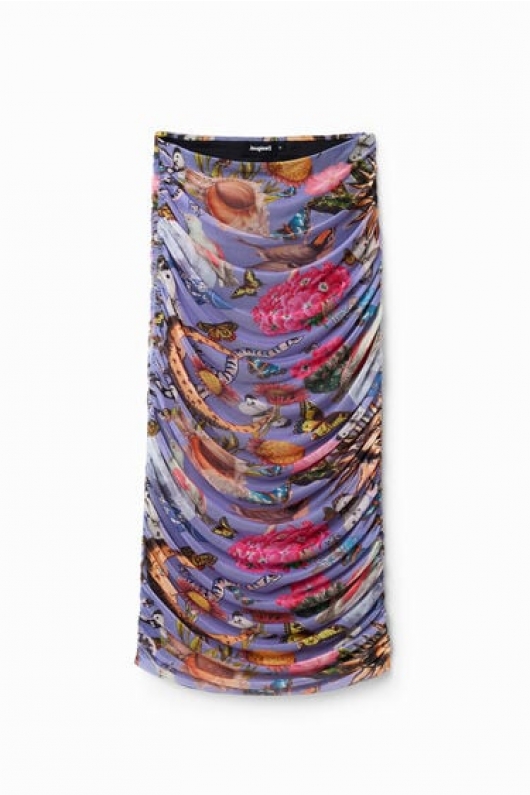 Fustă midi mulată din tulle cu print colaj