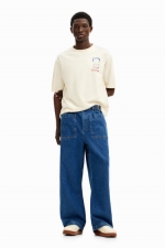 Pantaloni denim albaștri largi cu talie elastică