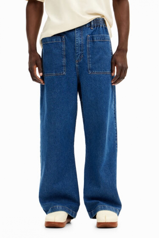 Pantaloni denim albaștri largi cu talie elastică