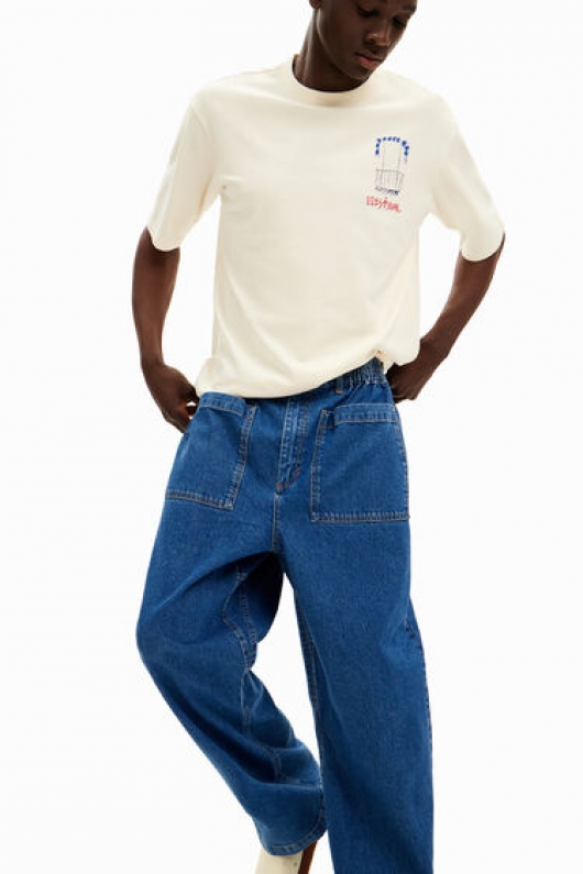 Pantaloni denim albaștri largi cu talie elastică