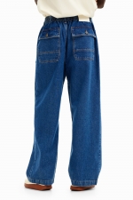Pantaloni denim albaștri largi cu talie elastică