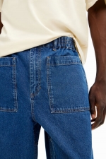 Pantaloni denim albaștri largi cu talie elastică