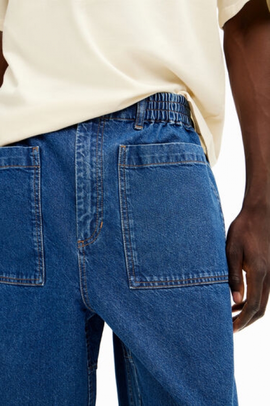 Pantaloni denim albaștri largi cu talie elastică