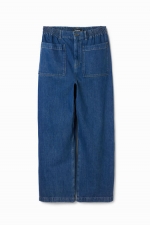 Pantaloni denim albaștri largi cu talie elastică