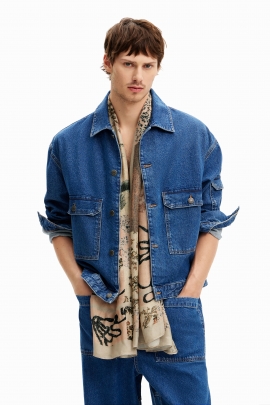 Jachetă scurtă din denim albastru cu efect uzat